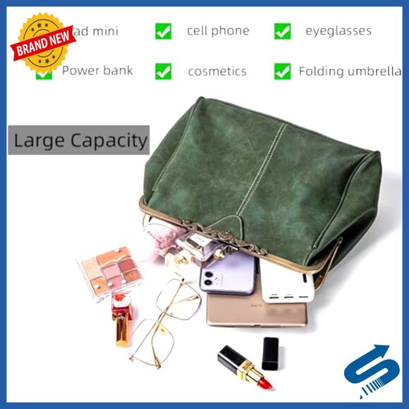 Vegan Leather Satchel with Kiss Lock Closure, Adjustable Strap, 11x8.6 Inches - Picture 5 of 7